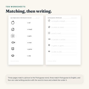May include: Ten educational worksheets titled Matching, then writing. The pages feature black and white line art icons of an apple, house, sun, fish, cat, and dog, with corresponding Portuguese words for matching exercises and tracing practice lines.