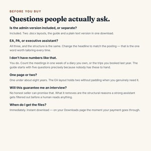 以下が含まれることがあります： BEFORE YOU BUY Questions people actually askというタイトルのデジタル文書。ドキュメントのレイアウト、アシスタントの役割、会議の数、ページ数、ファイルの配信に関する6つのよくある質問と回答が記載されています。
