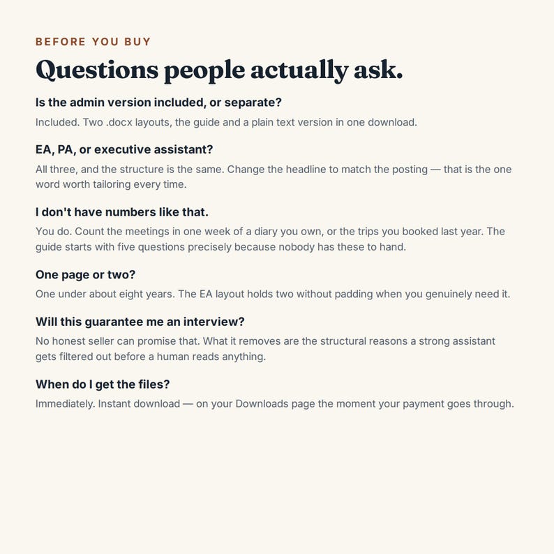 以下が含まれることがあります： BEFORE YOU BUY Questions people actually askというタイトルのデジタル文書。ドキュメントのレイアウト、アシスタントの役割、会議の数、ページ数、ファイルの配信に関する6つのよくある質問と回答が記載されています。