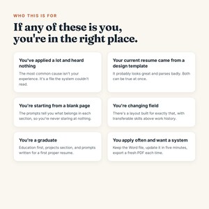 May include: A graphic with the heading WHO THIS IS FOR and the text If any of these is you, you're in the right place. Below are six white rectangular boxes containing text describing resume challenges and solutions for job seekers.