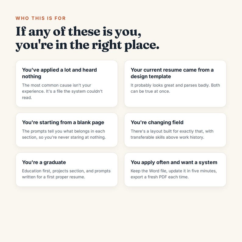 May include: A graphic with the heading WHO THIS IS FOR and the text If any of these is you, you're in the right place. Below are six white rectangular boxes containing text describing resume challenges and solutions for job seekers.