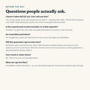 Op de afbeelding: Een digitale informatiegrafiek met de titel Before You Buy: Questions people actually ask. De tekst behandelt veelgestelde vragen over de NCLEX-status, bestandsformaten, Microsoft Word-compatibiliteit, sollicitatiegaranties en het downloadmoment.