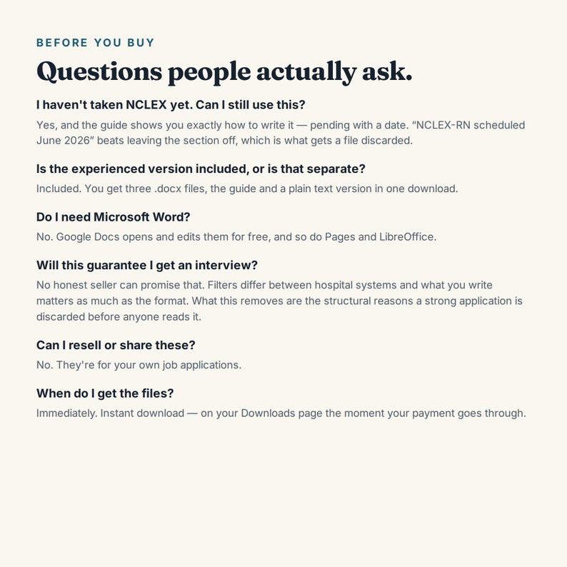 Op de afbeelding: Een digitale informatiegrafiek met de titel Before You Buy: Questions people actually ask. De tekst behandelt veelgestelde vragen over de NCLEX-status, bestandsformaten, Microsoft Word-compatibiliteit, sollicitatiegaranties en het downloadmoment.