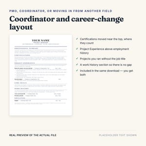 May include: A digital resume template document featuring a professional layout with sections for professional summary, certifications, project experience, core skills, work history, and education, displayed with placeholder text and bullet points.