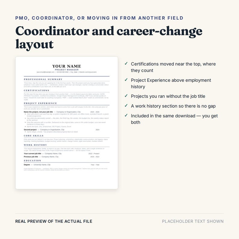 May include: A digital resume template document featuring a professional layout with sections for professional summary, certifications, project experience, core skills, work history, and education, displayed with placeholder text and bullet points.