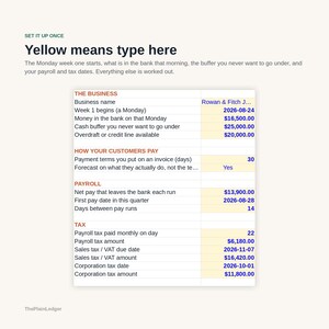 May include: A digital business financial spreadsheet template with a white background and yellow input cells. The text includes headers like The Business, How Your Customers Pay, Payroll, and Tax, with specific financial data fields and labels.