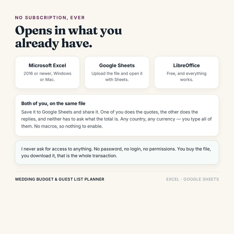 May include: A digital wedding budget and guest list planner document with text stating: NO SUBSCRIPTION, EVER. Opens in what you already have. Microsoft Excel, Google Sheets, LibreOffice. Both of you, on the same file. I never ask for access to anything.