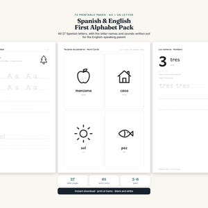 Puede incluir: Un paquete imprimible de 72 p&aacute;ginas del alfabeto en espa&ntilde;ol e ingl&eacute;s con hojas de trabajo en blanco y negro. Incluye ejercicios de caligraf&iacute;a, tarjetas de palabras con iconos de manzana, casa, sol y pez, y hojas de pr&aacute;ctica de n&uacute;meros.