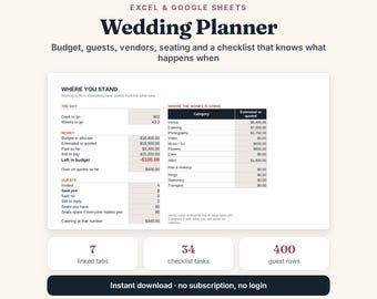 Wedding Planner Spreadsheet | Budget, Guest List, Seating (Excel/Google Sheets)