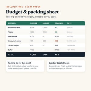 May include: A digital budget and packing sheet template featuring a table with columns for category, planned, booked, remaining, and notes. The table includes rows for accommodation, flights, food, museums, transport, and buffer, with a total row.