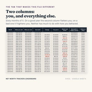 K&ouml;nnte beinhalten: Eine Finanzkalkulationstabelle mit dem Titel The Tab That Makes This File Different, die eine Tabelle mit Spalten f&uuml;r Month, What you own, What you owe, Net worth, Change, You put in, Market and house, Net worth in today's money und Debt as a share enth&auml;lt.