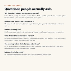 Puede incluir: Un gr&aacute;fico informativo con el encabezado BEFORE YOU ORDER y Questions people actually ask. Enumera seis preguntas y respuestas comunes sobre archivos digitales de preparaci&oacute;n para entrevistas, aclarando que no se env&iacute;an art&iacute;culos f&iacute;sicos.