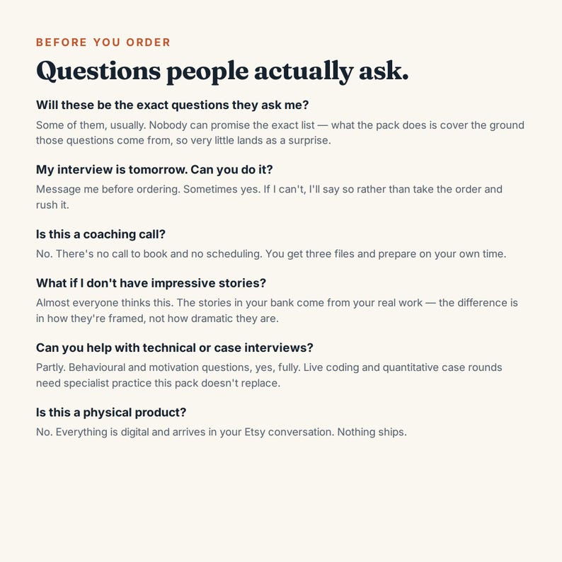 Puede incluir: Un gr&aacute;fico informativo con el encabezado BEFORE YOU ORDER y Questions people actually ask. Enumera seis preguntas y respuestas comunes sobre archivos digitales de preparaci&oacute;n para entrevistas, aclarando que no se env&iacute;an art&iacute;culos f&iacute;sicos.