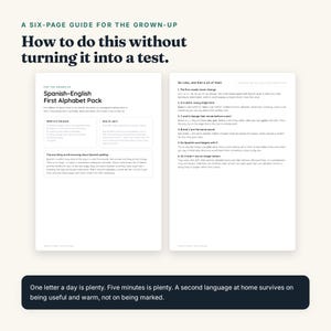 Puede incluir: Una gu&iacute;a educativa de seis p&aacute;ginas titulada How to do this without turning it into a test, que incluye un paquete de alfabeto espa&ntilde;ol-ingl&eacute;s. El documento contiene instrucciones, reglas ortogr&aacute;ficas y consejos pedag&oacute;gicos para ense&ntilde;ar idiomas.