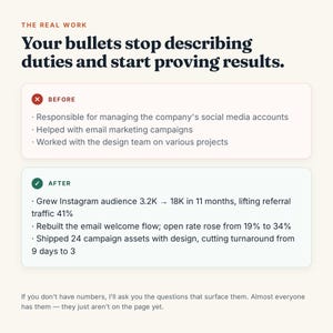 May include: An educational graphic titled THE REAL WORK with black text on a cream background. It compares bullet points labeled BEFORE with red X and AFTER with green checkmark, showing how to transform duty descriptions into result-oriented metrics.