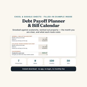 Debt Payoff Planner Excel Google Sheets, Snowball Avalanche Calculator (Digital Download) image 1