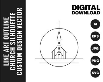 Kyrkkontur SVG-paket, enkel silhuettlinjeteckning, Cricut- och silhuettklippfiler, vektor EPS och PNG, kyrkstencilmall