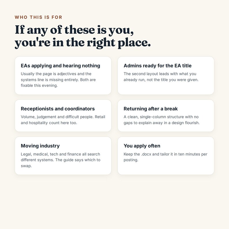 以下が含まれることがあります： Who This Is ForおよびIf any of these is you, you're in the right placeというタイトルのダークテキストが記載されたクリーム色のインフォグラフィック。EA、管理者、受付担当者、求職者向けのテキストが入った6つの白い長方形のボックスが配置されています。