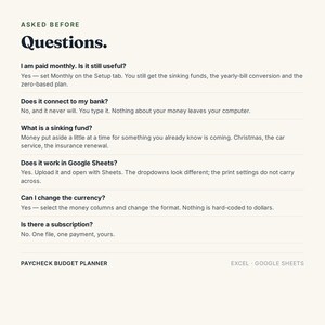 Pu&ograve; includere: Un documento digitale intitolato ASKED BEFORE Questions. Elenca le domande frequenti per un pianificatore di budget, coprendo argomenti come pagamenti mensili, connessione bancaria, fondi di accantonamento, Google Sheets e abbonamenti.