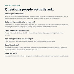 K&ouml;nnte beinhalten: Ein digitales Informationsblatt mit dem Titel Before You Buy: Questions people actually ask. Der Text behandelt h&auml;ufige Fragen zur Airbnb-Synchronisierung, zur Eingabe von Auszahlungen, zu Provisions-Einstellungen, Objektlimits und zum Sofort-Download.