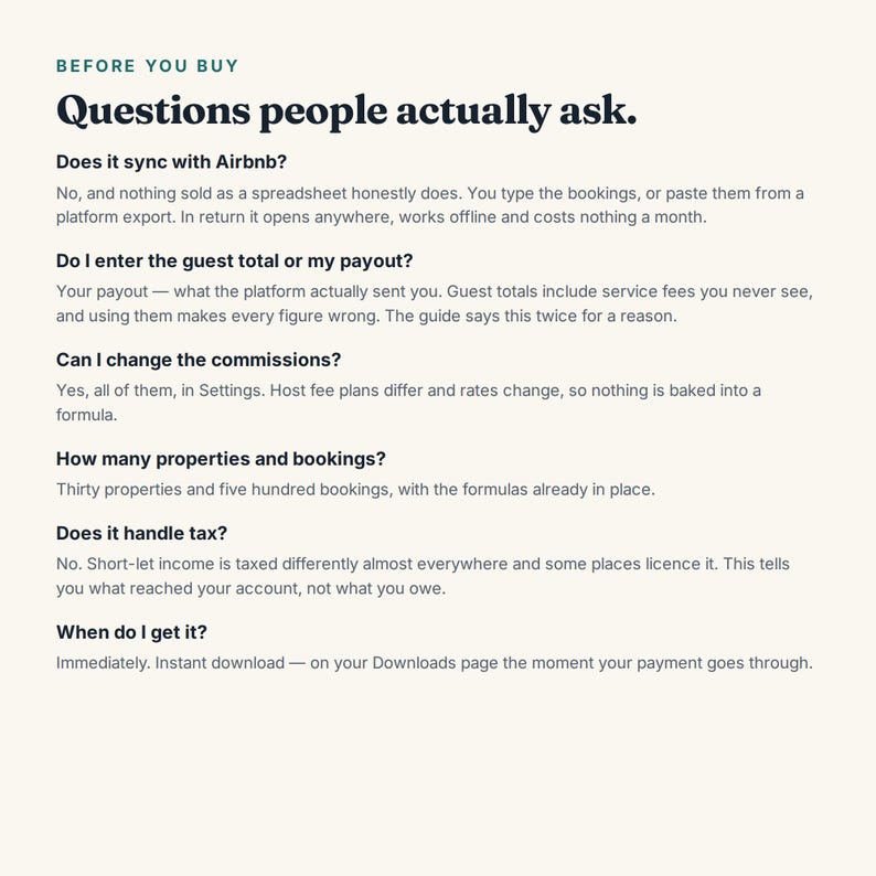 K&ouml;nnte beinhalten: Ein digitales Informationsblatt mit dem Titel Before You Buy: Questions people actually ask. Der Text behandelt h&auml;ufige Fragen zur Airbnb-Synchronisierung, zur Eingabe von Auszahlungen, zu Provisions-Einstellungen, Objektlimits und zum Sofort-Download.