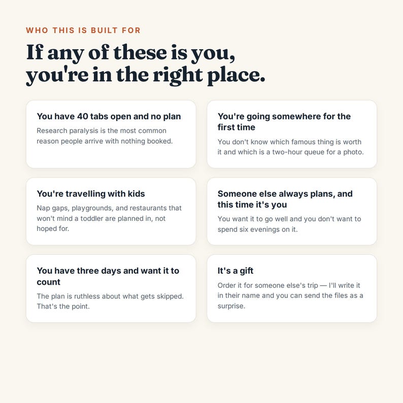 May include: A white informational graphic with dark text titled Who This Is Built For. It lists six scenarios for travelers, including having 40 tabs open, traveling with kids, planning for the first time, or needing a three-day itinerary.