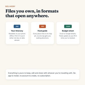 May include: A digital delivery information graphic titled Files you own, in formats that open anywhere. It displays three white cards for a PDF itinerary, a PDF food guide, and an XLSX budget sheet, followed by a text box about file ownership.