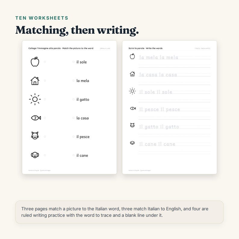 May include: Two educational worksheets with black text and line art icons on white paper. The left sheet features a matching exercise with icons of an apple, house, sun, fish, cat, and dog next to Italian words. The right sheet shows tracing lines.