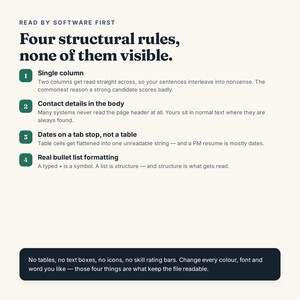 May include: An informational graphic titled Read by Software First: Four structural rules, none of them visible. It lists four numbered points about document formatting, followed by a dark rectangular box containing text about file readability.
