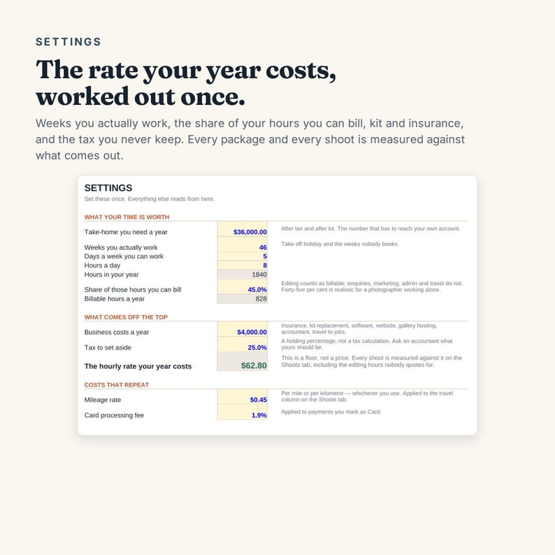 May include: A digital settings interface for calculating business costs and hourly rates. The document includes sections for time worth, business expenses, and recurring costs, with specific fields for annual income, billable hours, and tax percentages.