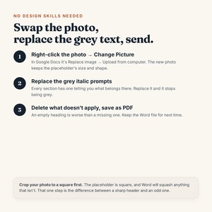 May include: An instructional graphic with the heading NO DESIGN SKILLS NEEDED. The text reads: Swap the photo, replace the grey text, send. It lists three numbered steps for editing a document, plus a note at the bottom about cropping photos.