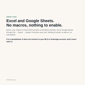 May include: A white informational graphic with black text stating: WHERE IT RUNS. Excel and Google Sheets. No macros, nothing to enable. Built in .xlsx. Opens in Excel 2016 and later on Windows and Mac. No install, no add-on, no subscription. It is a spreadsheet.