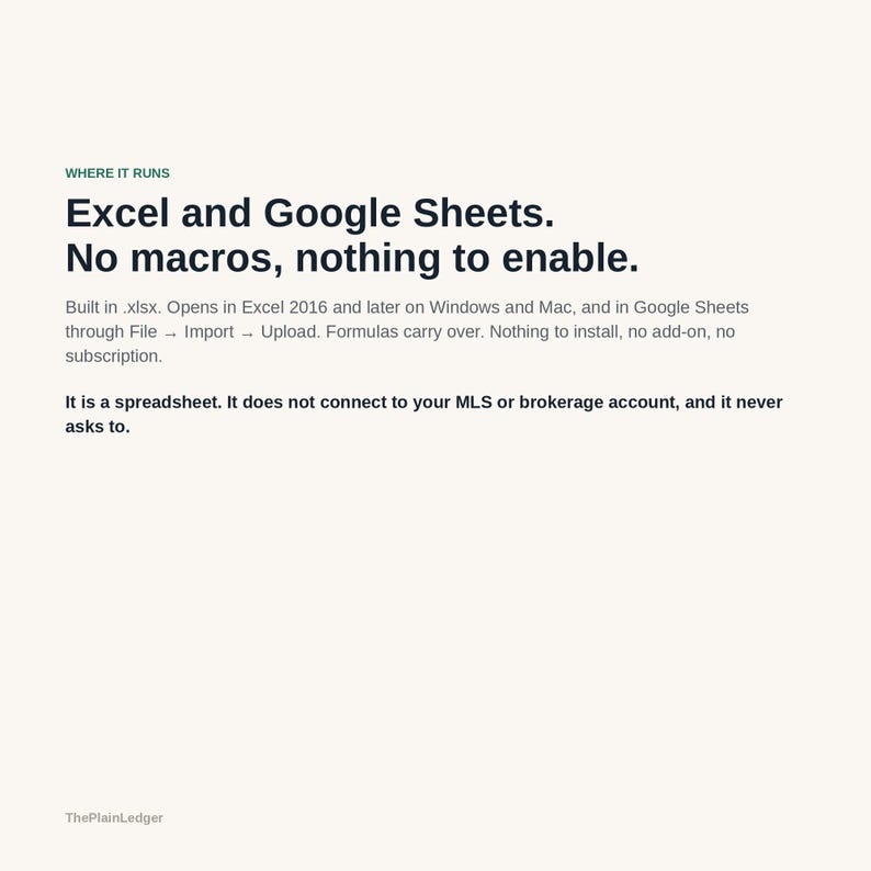 May include: A white informational graphic with black text stating: WHERE IT RUNS. Excel and Google Sheets. No macros, nothing to enable. Built in .xlsx. Opens in Excel 2016 and later on Windows and Mac. No install, no add-on, no subscription. It is a spreadsheet.