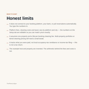 Peut inclure: Un document intitul&eacute; Honest limits avec le sous-titre WHAT IT IS NOT. Il liste cinq points expliquant que le syst&egrave;me ne se connecte pas aux plateformes de r&eacute;servation, n&eacute;cessite une saisie manuelle, suppose une propri&eacute;t&eacute; et utilise des exemples.