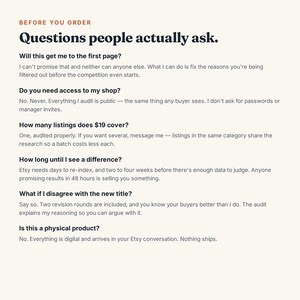 May include: An informational graphic with the heading Before You Order and Questions people actually ask. It lists six frequently asked questions regarding an Etsy shop audit service, covering topics like search ranking, shop access, pricing, timelines, revisions, and digital delivery.