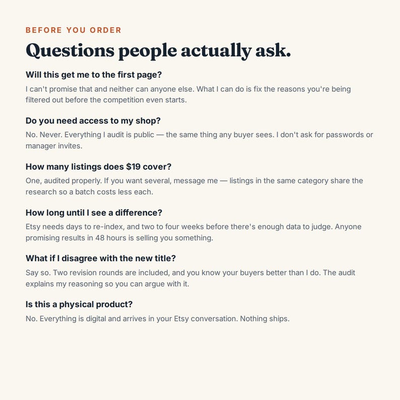 May include: An informational graphic with the heading Before You Order and Questions people actually ask. It lists six frequently asked questions regarding an Etsy shop audit service, covering topics like search ranking, shop access, pricing, timelines, revisions, and digital delivery.