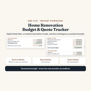 May include: A digital Home Renovation Budget & Quote Tracker spreadsheet template. The interface displays financial data tables with categories like The Contingency and Where You Are, featuring numerical values and currency formatting for project tracking.
