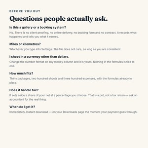 May include: A digital information sheet titled Before You Buy: Questions people actually ask. The text addresses common inquiries regarding a system's functionality, including currency settings, capacity for packages, tax handling, and instant download delivery.