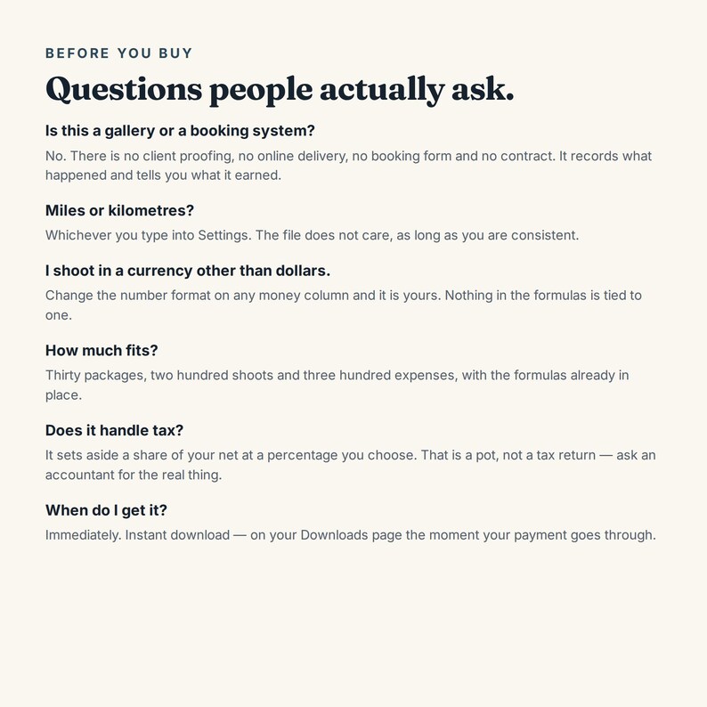 May include: A digital information sheet titled Before You Buy: Questions people actually ask. The text addresses common inquiries regarding a system's functionality, including currency settings, capacity for packages, tax handling, and instant download delivery.