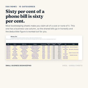 May include: A digital bookkeeping spreadsheet template for Excel and Google Sheets featuring 500 rows and 15 categories. The interface displays columns for date, payee, category, amount paid, business use percentage, tax, and deductible cost.
