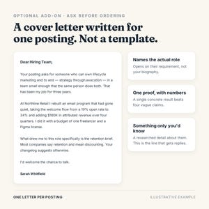 May include: A digital graphic displaying a cover letter example with the text A cover letter written for one posting. Not a template. The document includes a sample letter addressed to a hiring team and three text boxes detailing tips for writing.