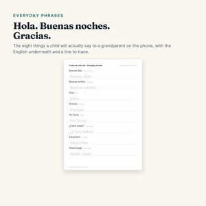 Puede incluir: Una hoja de ejercicios educativa blanca titulada Everyday Phrases que presenta ocho frases en espa&ntilde;ol con traducciones al ingl&eacute;s y l&iacute;neas punteadas de color gris claro para calcar. El texto incluye Buenos d&iacute;as, Buenas noches, Hola, Gracias, Por favor, C&oacute;mo est&aacute;s, Estoy bien y Hasta luego.