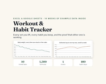 Workout Tracker Excel Google Sheets, Fitness Planner, Habit Log