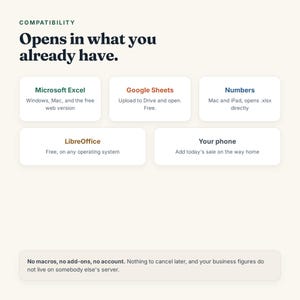 Pu&ograve; includere: Una tabella di compatibilit&agrave; intitolata Opens in what you already have, che elenca Microsoft Excel, Google Sheets, Numbers, LibreOffice e Your phone. Una casella di testo in basso riporta: No macros, no add-ons, no account.