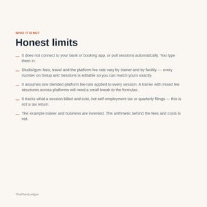 Pode incluir: Um documento intitulado WHAT IT IS NOT e Honest limits, listando cinco pontos explicando que o sistema n&atilde;o se conecta a aplicativos banc&aacute;rios, requer entrada manual, usa taxas edit&aacute;veis e exclui declara&ccedil;&otilde;es de impostos.
