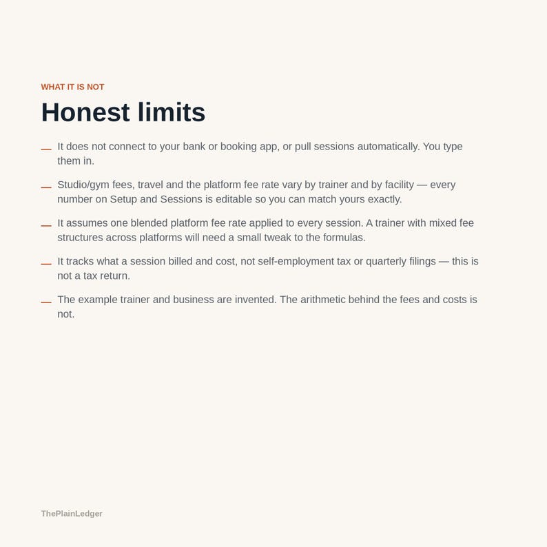 Pode incluir: Um documento intitulado WHAT IT IS NOT e Honest limits, listando cinco pontos explicando que o sistema n&atilde;o se conecta a aplicativos banc&aacute;rios, requer entrada manual, usa taxas edit&aacute;veis e exclui declara&ccedil;&otilde;es de impostos.