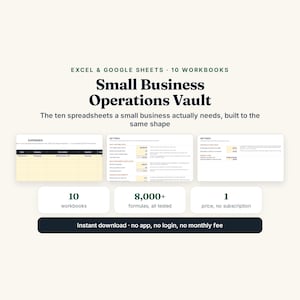 Pu&ograve; includere: Un prodotto digitale intitolato Small Business Operations Vault per Excel e Google Sheets. Include 10 cartelle di lavoro, oltre 8.000 formule e tre anteprime di fogli di calcolo che mostrano schede di spese e impostazioni.