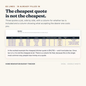 May include: A digital home renovation budget tracker for Excel and Google Sheets. The image displays a table comparing quotes for jobs, rooms, trades, companies, amounts, tax inclusion, and start times, with text explaining how to compare costs.