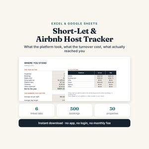 K&ouml;nnte beinhalten: Eine Excel- und Google Sheets-Vorlage f&uuml;r Short-Let- und Airbnb-Gastgeber. Die Benutzeroberfl&auml;che zeigt Finanzdaten wie Immobilien, Buchungen, verkaufte N&auml;chte, Bruttoeinnahmen, Plattformgeb&uuml;hren, Reinigungskosten und Nettoergebnisse.