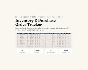 Inventory and Purchase Order Tracker, Excel Google Sheets, Stock Reorder Point and Supplier Lead Time, Stock Valuation (Digital Download)